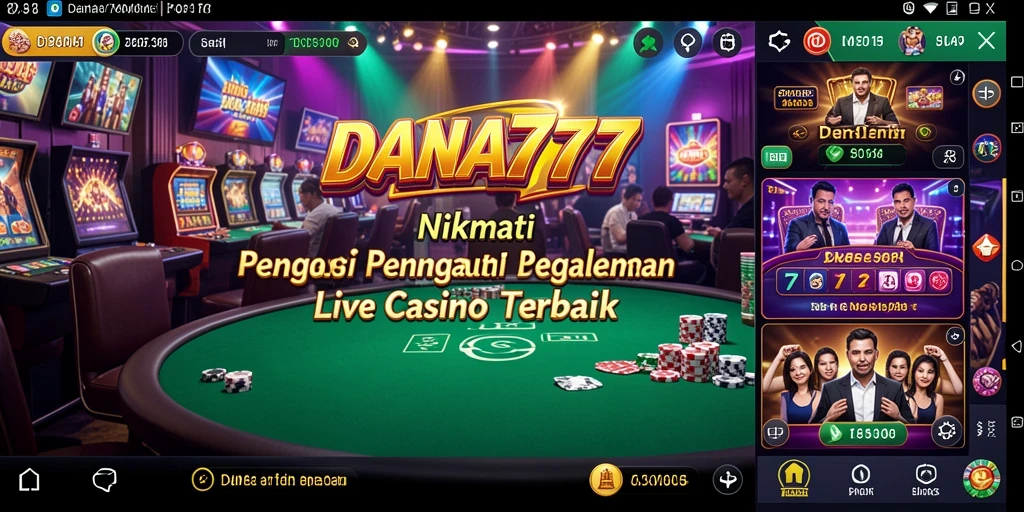 Screenshot gameplay DANA777 menampilkan dealer langsung dan suasana kasino yang megah.