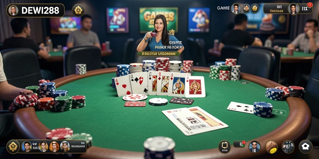Tampilan gameplay Poker DEWI288 yang mendebarkan dan interaktif.