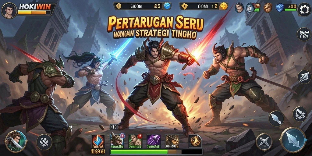 Tangkapan layar HOKIWIN menampilkan aksi pertarungan yang intens dan karakter unik.