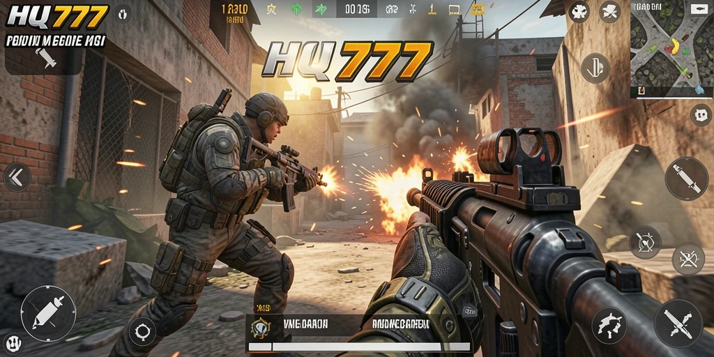 Screenshot menunjukkan momen intens dalam pertempuran FPS di HQ777.
