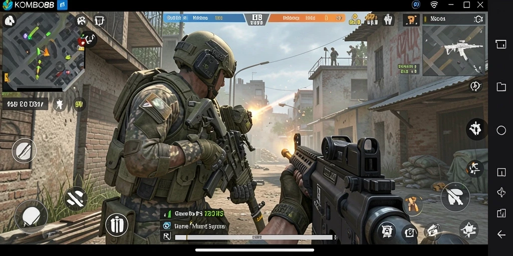 Screenshot gameplay <strong>KOMBO88</strong> menampilkan aksi tembak-menembak yang mendebarkan.