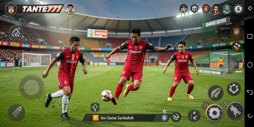 Tampilan gameplay seru dari TANTE777 di lapangan sepak bola.