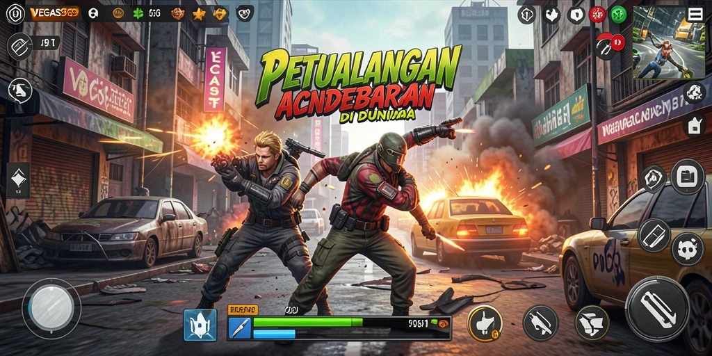 Tangkapan layar utama VEGAS969 menunjukkan aksi seru dalam pertempuran di kota.